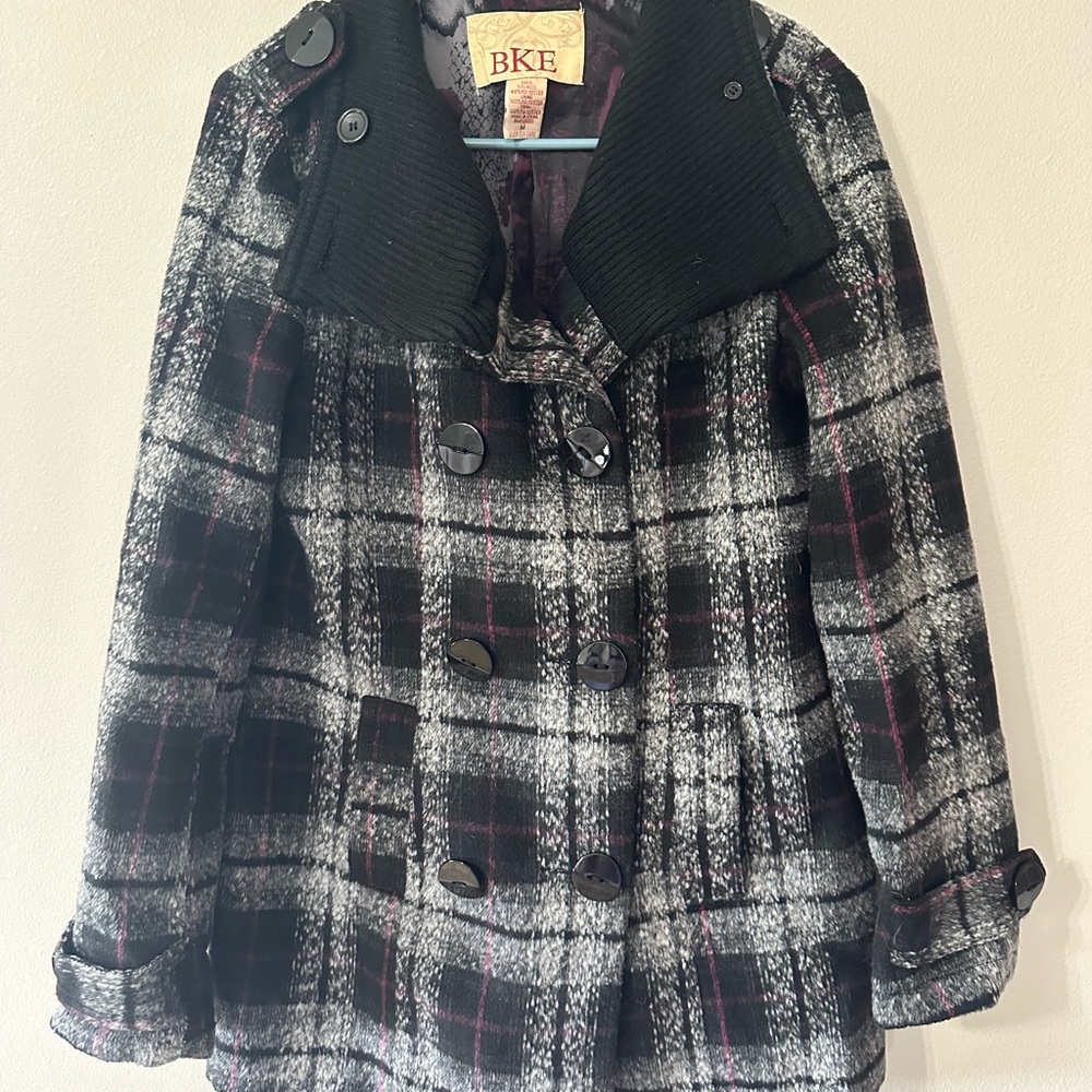 BKE Black and Gray Plaid Pea Coat